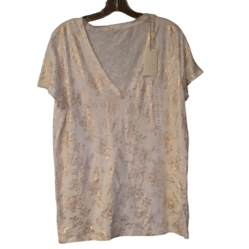 A New Day V Neck Short Sleeve Shiny Gold T-Shirt Dressy Floral Vine Flowers